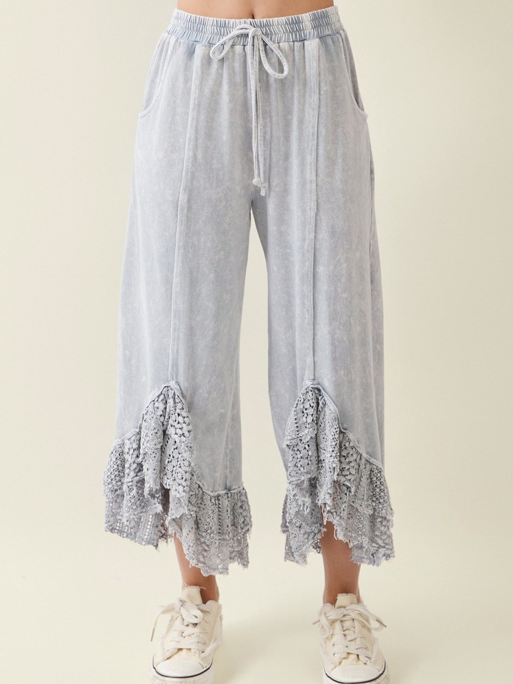 J.Her Mineral Wash Light Blue Crochet-Trim Wide Leg Pants size Medium